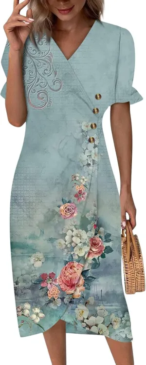 2024 Women's Wrap V Neck Beach Dresses Elastic Waist Tiered Belted Ruffle Hem Mini Boho Dress