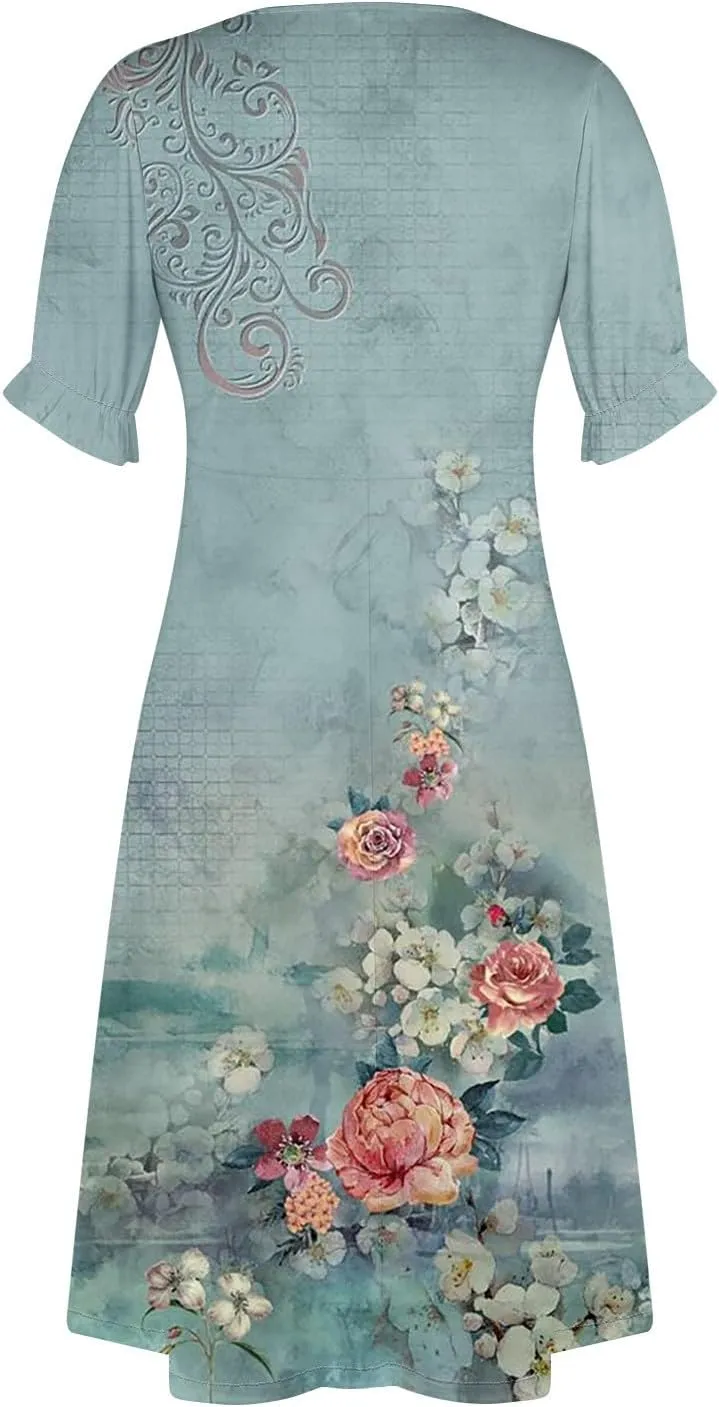 2024 Women's Wrap V Neck Beach Dresses Elastic Waist Tiered Belted Ruffle Hem Mini Boho Dress