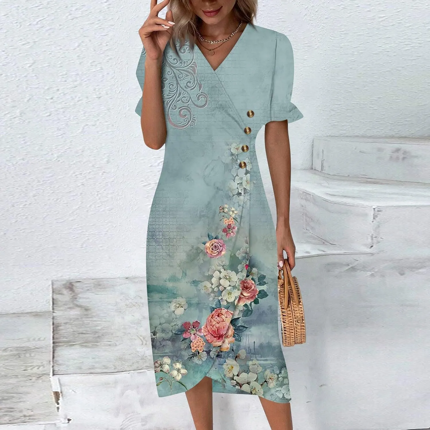2024 Women's Wrap V Neck Beach Dresses Elastic Waist Tiered Belted Ruffle Hem Mini Boho Dress