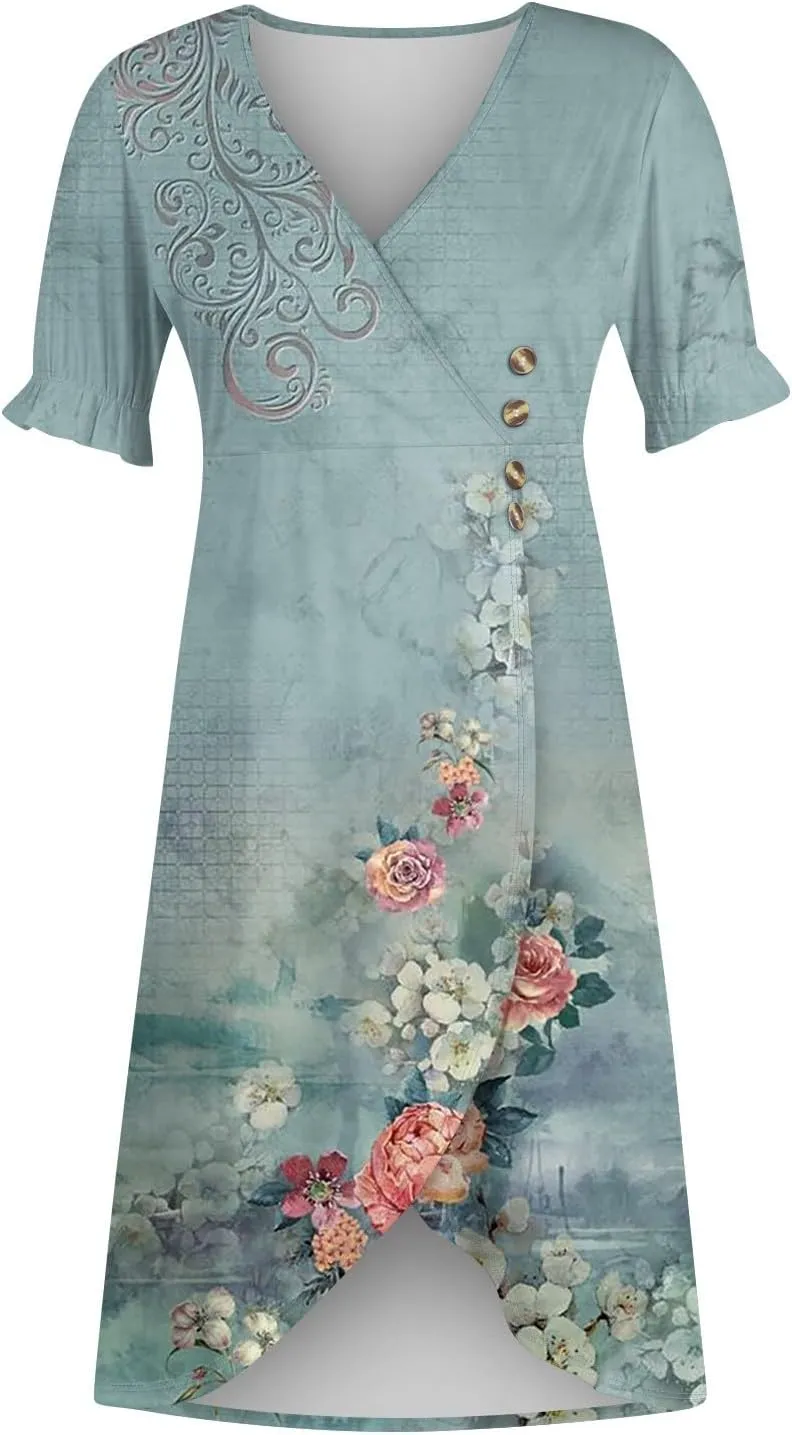 2024 Women's Wrap V Neck Beach Dresses Elastic Waist Tiered Belted Ruffle Hem Mini Boho Dress