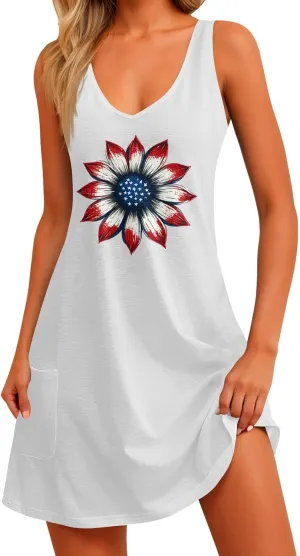 4th of July Dress for Women- American Flag Tank Dresses Beach Cover Up Star Striped Summer Wrap Sundress