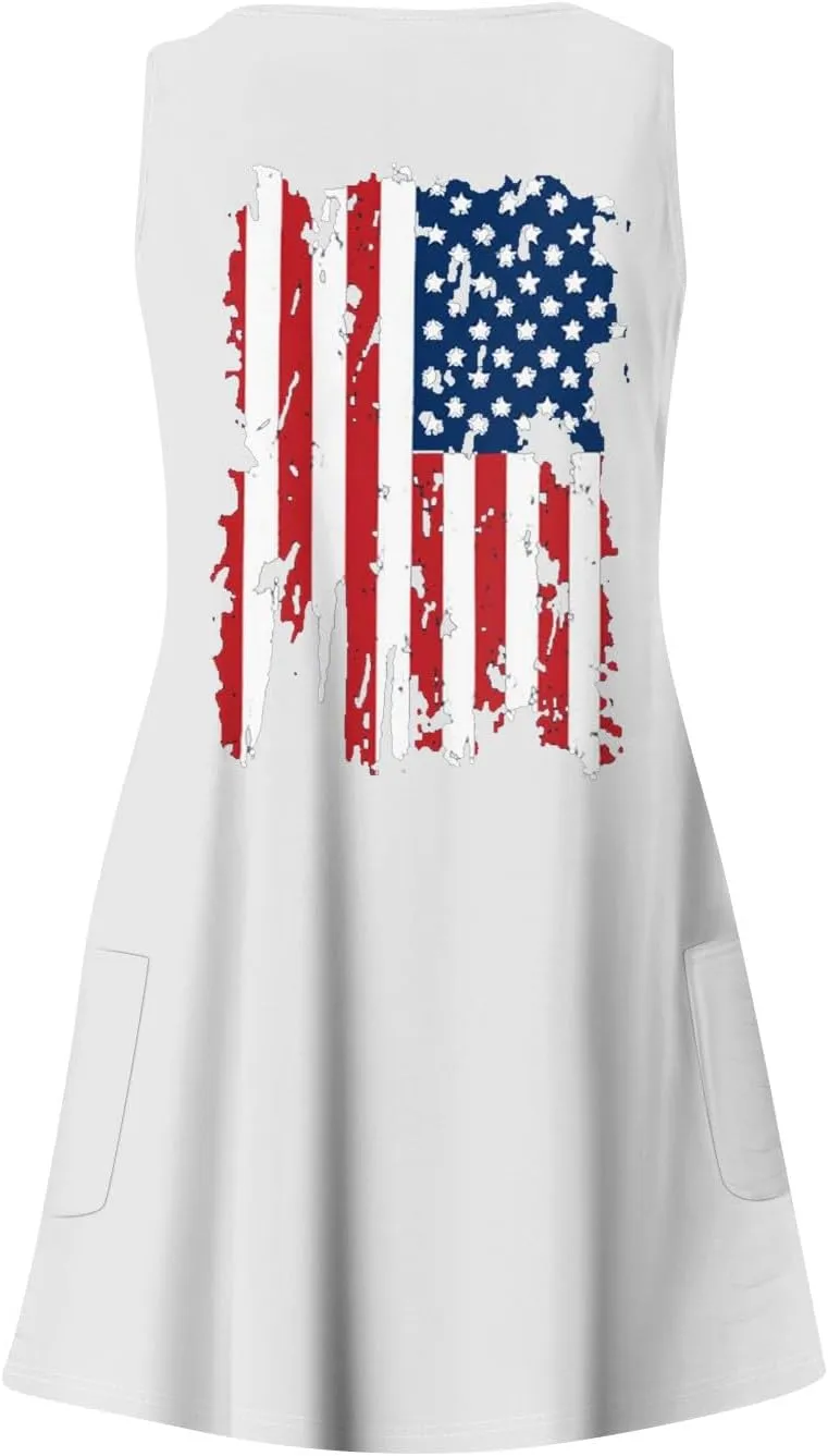 4th of July Dress for Women- American Flag Tank Dresses Beach Cover Up Star Striped Summer Wrap Sundress