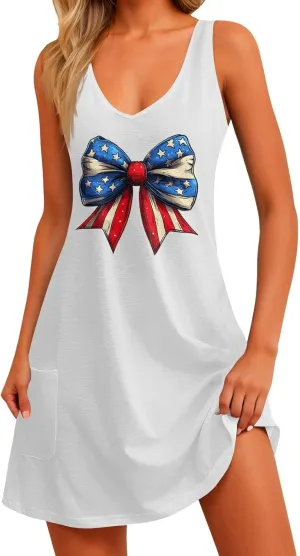 4th of July Dress for Women- American Flag Tank Dresses Beach Cover Up Star Striped Summer Wrap Sundress