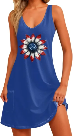 4th of July Dress for Women- American Flag Tank Dresses Beach Cover Up Star Striped Summer Wrap Sundress
