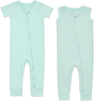 Aablexema 2PCS Baby Cotton Romper Zipper Short Sleeve & Sleeveless Footless Pajamas One Piece Jumpsuits Outfit Clothes