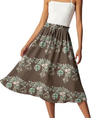 ADHOWBEW Long Skirts for Women 2025 Cotton Elastic Waist Floral Print Beach Casual Flowy Trendy Skirts