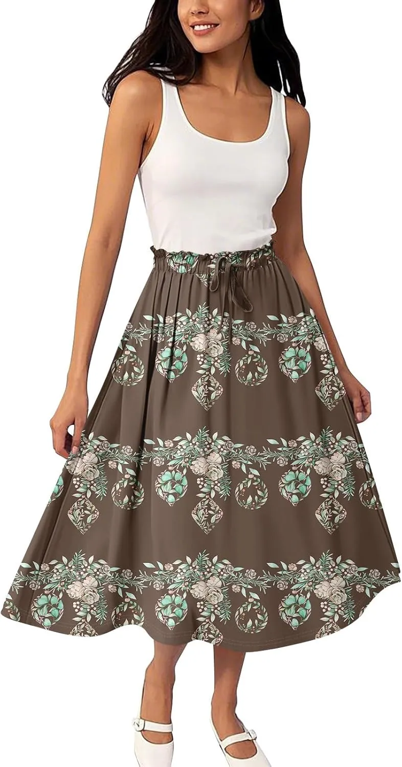 ADHOWBEW Long Skirts for Women 2025 Cotton Elastic Waist Floral Print Beach Casual Flowy Trendy Skirts
