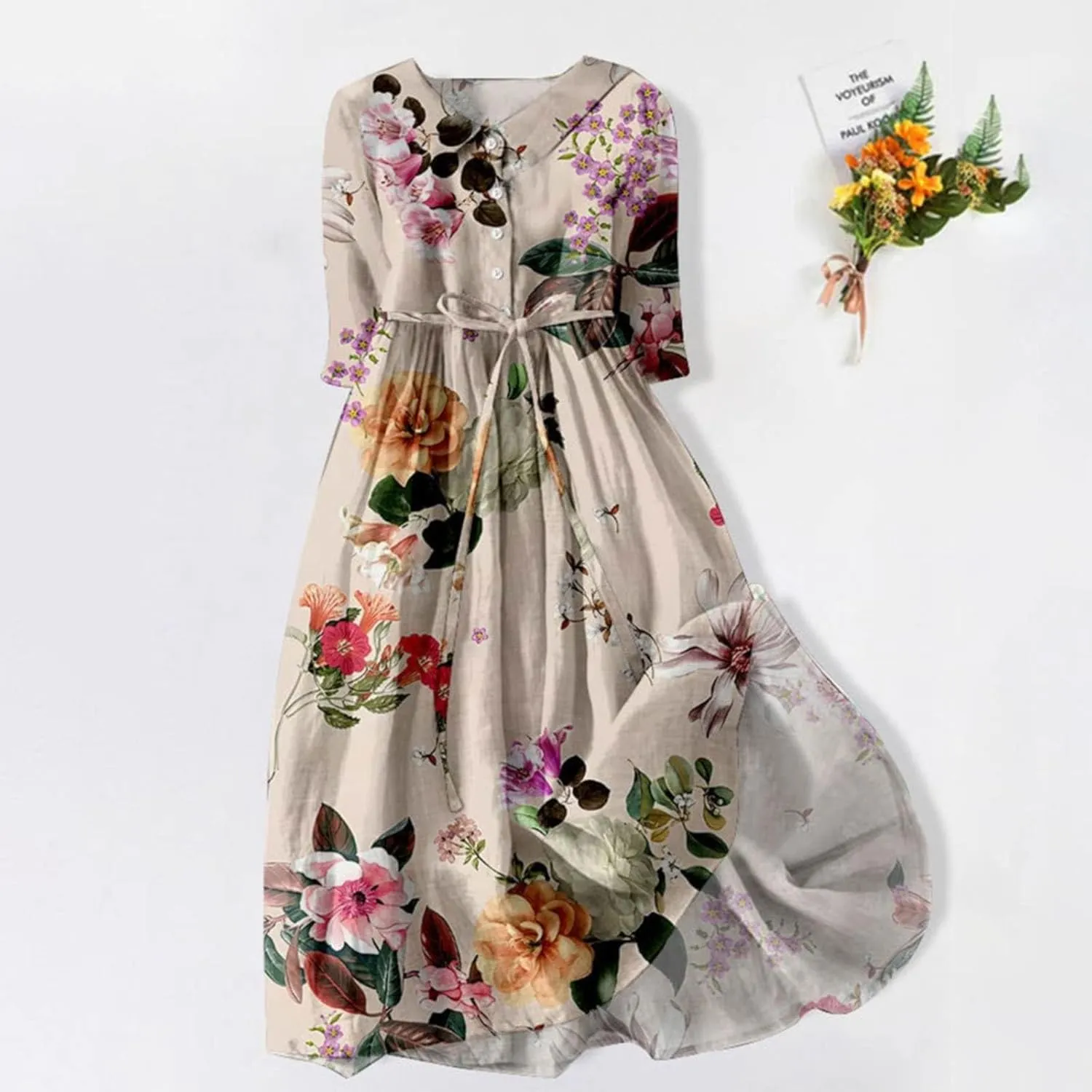 aihihe Women's Cotton Linen Dress Floral Print Short Sleeve Buttoned Spread Collar Midi Dress 2024 Spring Summer Trendy Dress