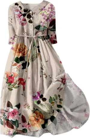aihihe Women's Cotton Linen Dress Floral Print Short Sleeve Buttoned Spread Collar Midi Dress 2024 Spring Summer Trendy Dress