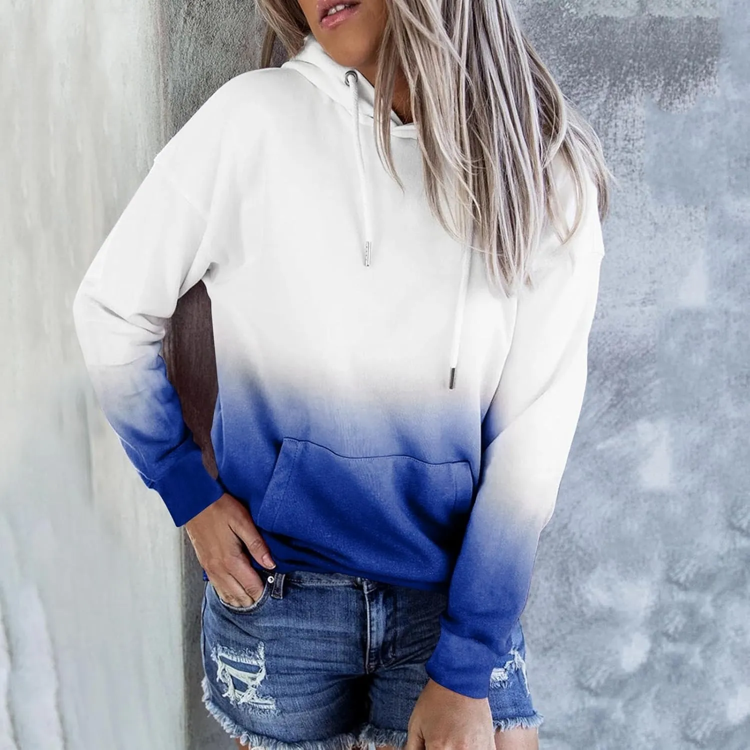 Aymnlox Womens Fashion Sweatshirts Gradient Color Long Sleeve Hoodies Crew Neck Baggy Hooded Tops with Kangaroo Pocket