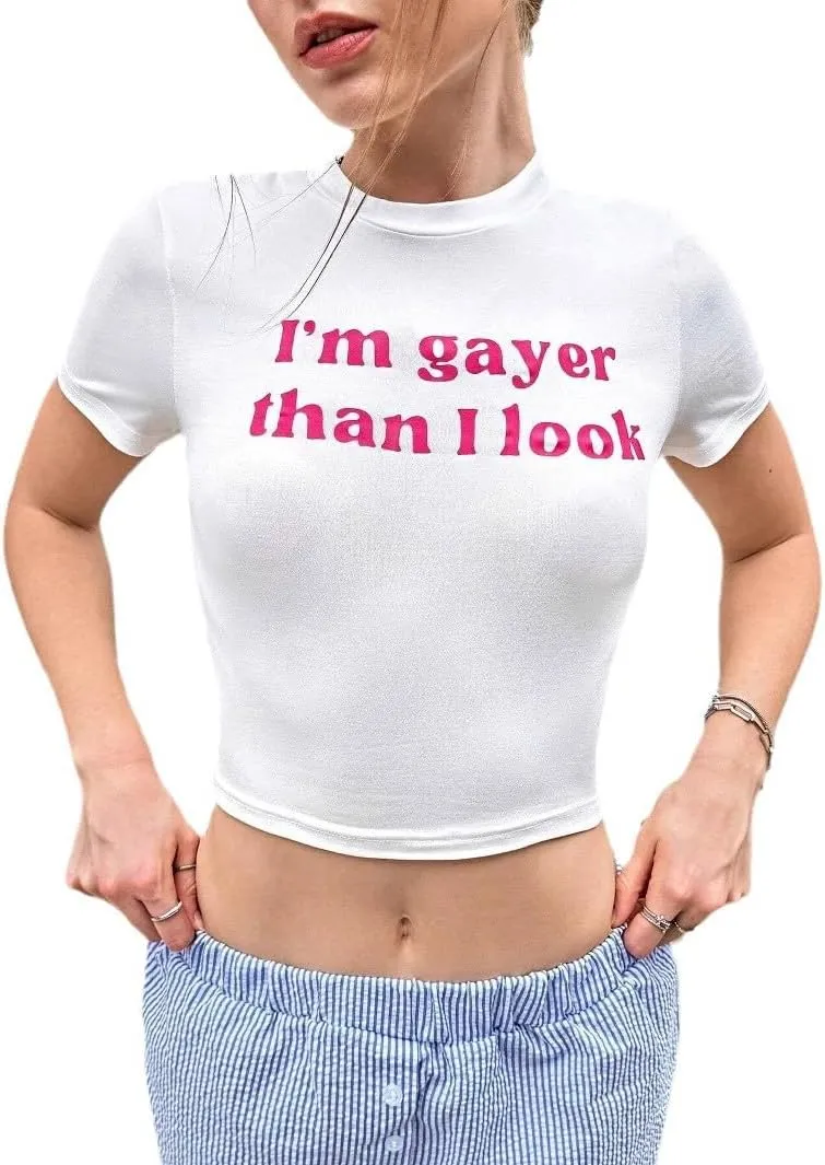 Baby Tees for Women Y2K Baby Tees E-Girls Cute Graphic Print Crop Tops Slim Fit T Shirts Retro Vintage Aesthetic