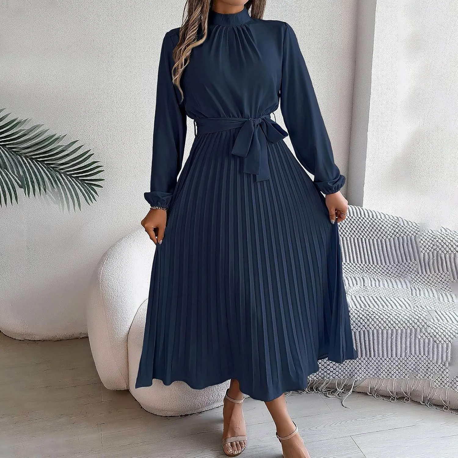BAXLIMEK Midi Dresses for Women,2025 Spring Elegant Trendy Long Sleeve Dress Flowy Pleated A Line Vacation Dress Work Outfits