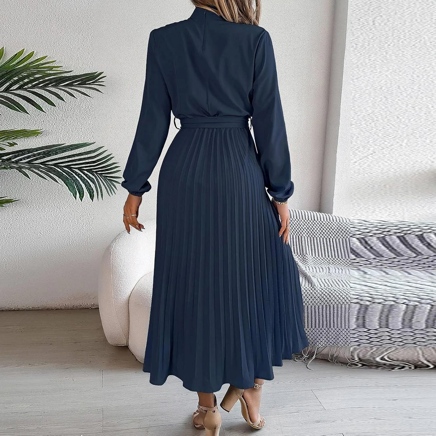 BAXLIMEK Midi Dresses for Women,2025 Spring Elegant Trendy Long Sleeve Dress Flowy Pleated A Line Vacation Dress Work Outfits
