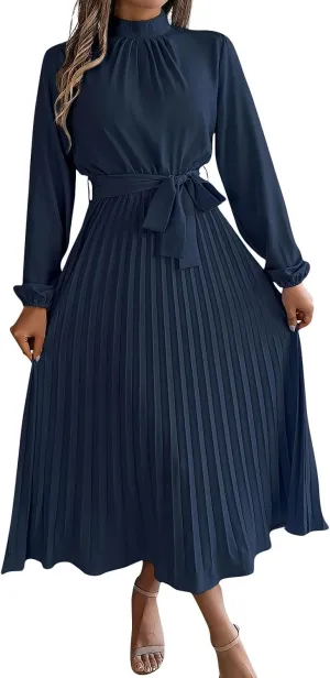 BAXLIMEK Midi Dresses for Women,2025 Spring Elegant Trendy Long Sleeve Dress Flowy Pleated A Line Vacation Dress Work Outfits