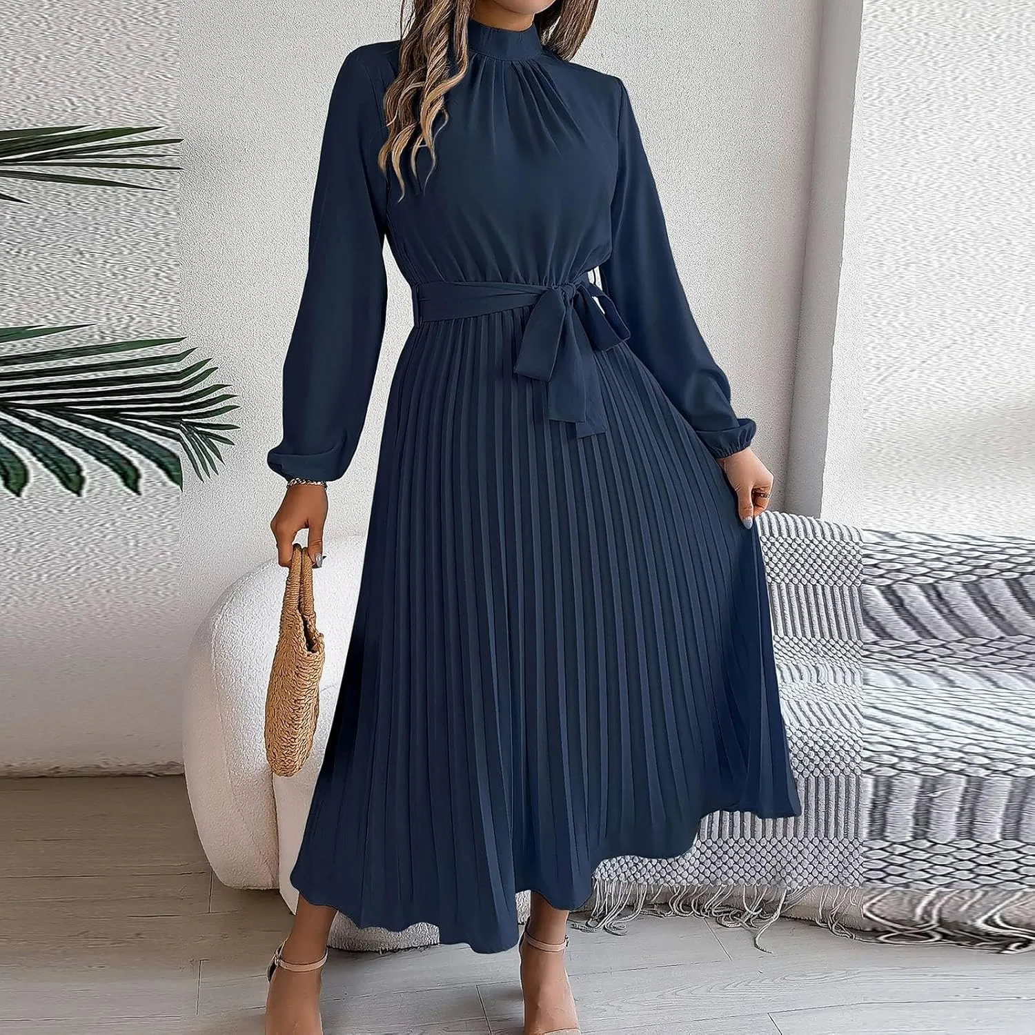 BAXLIMEK Midi Dresses for Women,2025 Spring Elegant Trendy Long Sleeve Dress Flowy Pleated A Line Vacation Dress Work Outfits