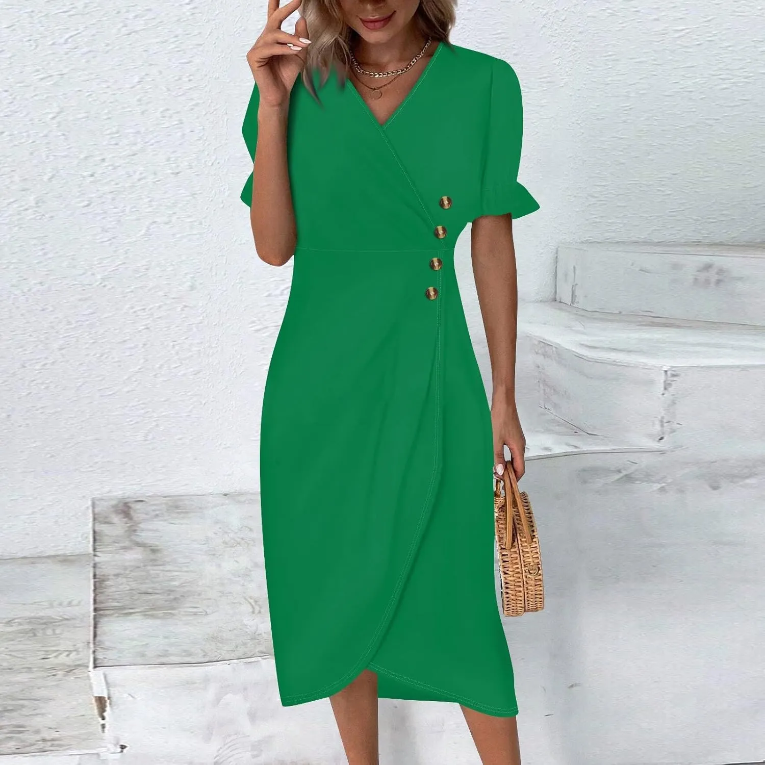 Beach Dresses for Women 2025 Vacation Spring Summer Boho Dress Short Sleeve V Neck Dresses Irregular Hem Midi Dress