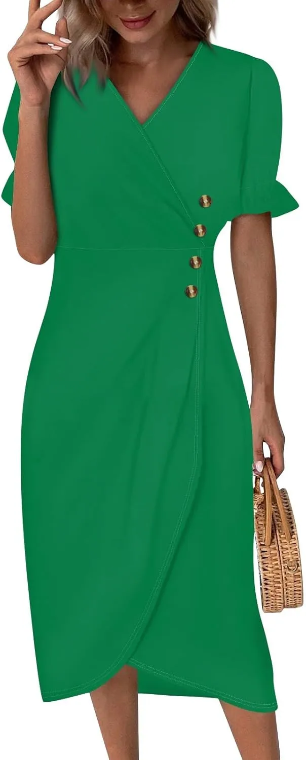 Beach Dresses for Women 2025 Vacation Spring Summer Boho Dress Short Sleeve V Neck Dresses Irregular Hem Midi Dress