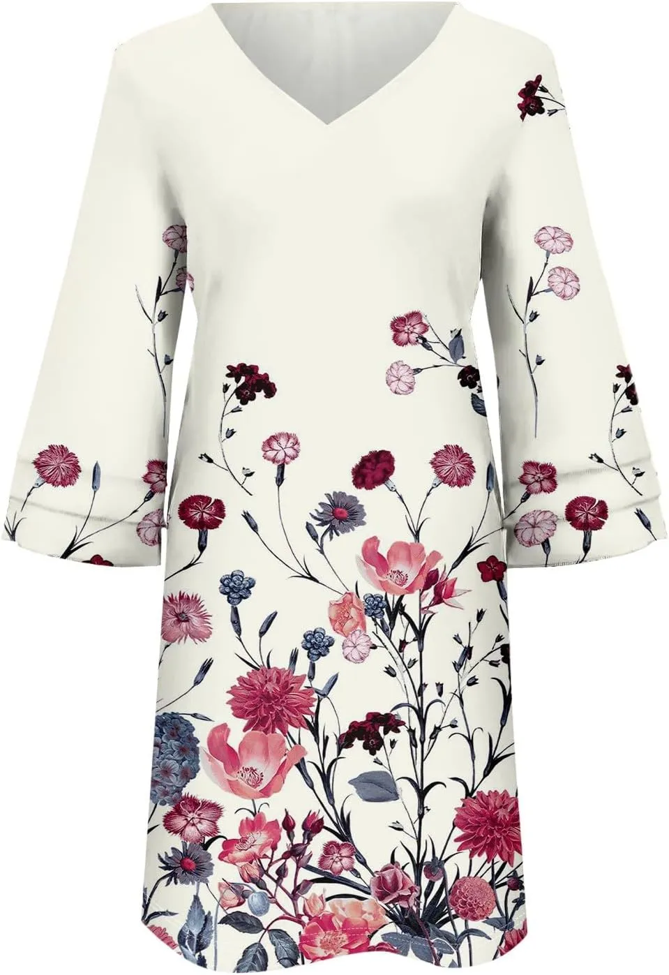 Beach Dresses for Women,2025 Summer Trendy Floral Print Boho Dress,Casual Loose V Neck Bell 3/4 Sleeve Mini Dress