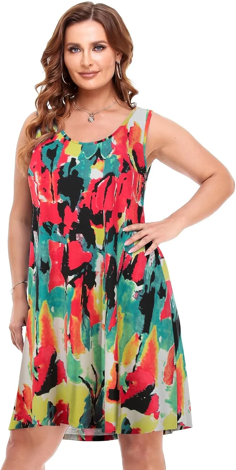 BELAROI Women Plus Size Sundress Summer Casual Sleeveless Tshirt Dress Tie Dye Swing Tank Dresses with Pockets Beach Cover up