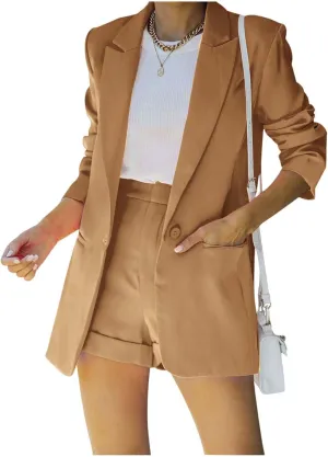 Blazer Shorts Set Women 2 Piece Outfits Long Sleeve Button Down Blazers and Shorts Business Suit Sets