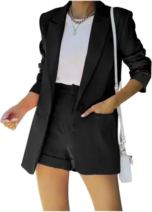 Blazer Shorts Set Women 2 Piece Outfits Long Sleeve Button Down Blazers and Shorts Business Suit Sets