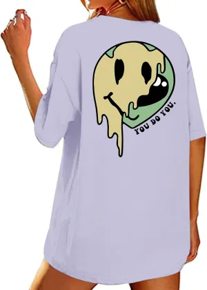 Bobeutou Oversized Graphic Tees for Women Cute Smile Face Shirt Womens Baggy T Shirts Cotton Tops Loose Fit Vintage T-Shirts
