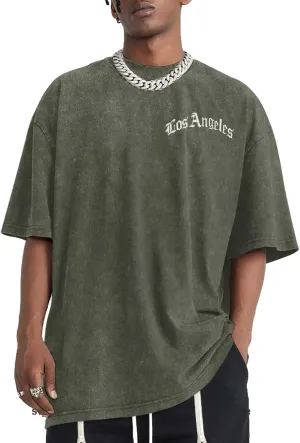 Bobeutou Oversized Vintage Graphic Tees for Men Los Angeles Shirt Acid Wash Tshirt Letter T-Shirt Grunge Crew Neck Tops