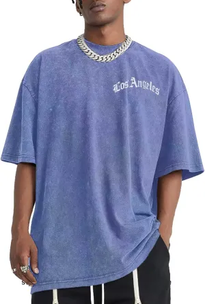 Bobeutou Oversized Vintage Graphic Tees for Men Los Angeles Shirt Acid Wash Tshirt Letter T-Shirt Grunge Crew Neck Tops