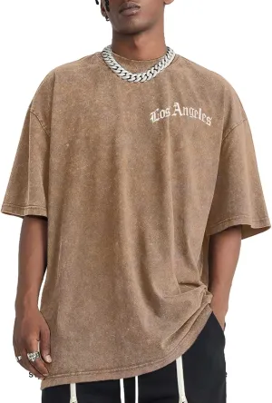 Bobeutou Oversized Vintage Graphic Tees for Men Los Angeles Shirt Acid Wash Tshirt Letter T-Shirt Grunge Crew Neck Tops