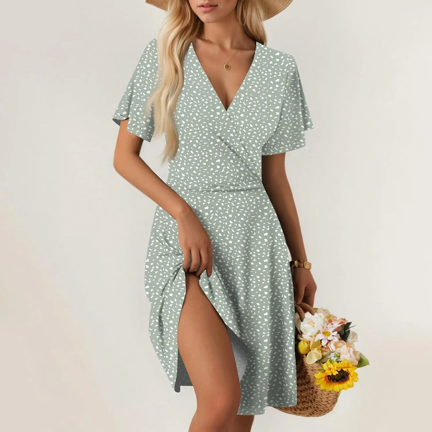 Boho Floral Dress for Women Summer 2025 Wrap Dresses for Women Short Sleeve Sexy V Neck A-Line Vacation Beach Sundress