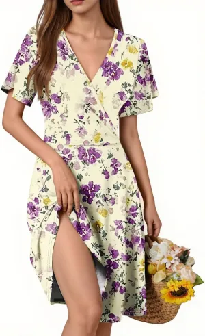 Boho Floral Dress for Women Summer 2025 Wrap Dresses for Women Short Sleeve Sexy V Neck A-Line Vacation Beach Sundress