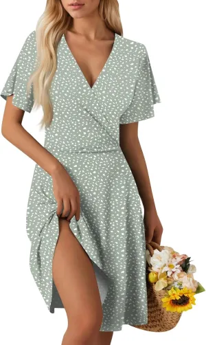 Boho Floral Dress for Women Summer 2025 Wrap Dresses for Women Short Sleeve Sexy V Neck A-Line Vacation Beach Sundress