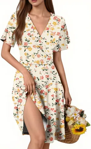 Boho Floral Dress for Women Summer 2025 Wrap Dresses for Women Short Sleeve Sexy V Neck A-Line Vacation Beach Sundress
