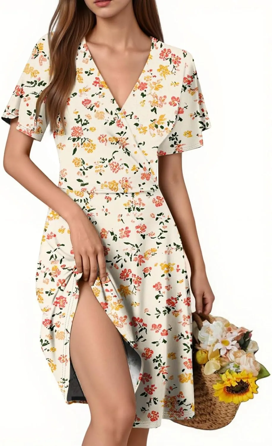 Boho Floral Dress for Women Summer 2025 Wrap Dresses for Women Short Sleeve Sexy V Neck A-Line Vacation Beach Sundress