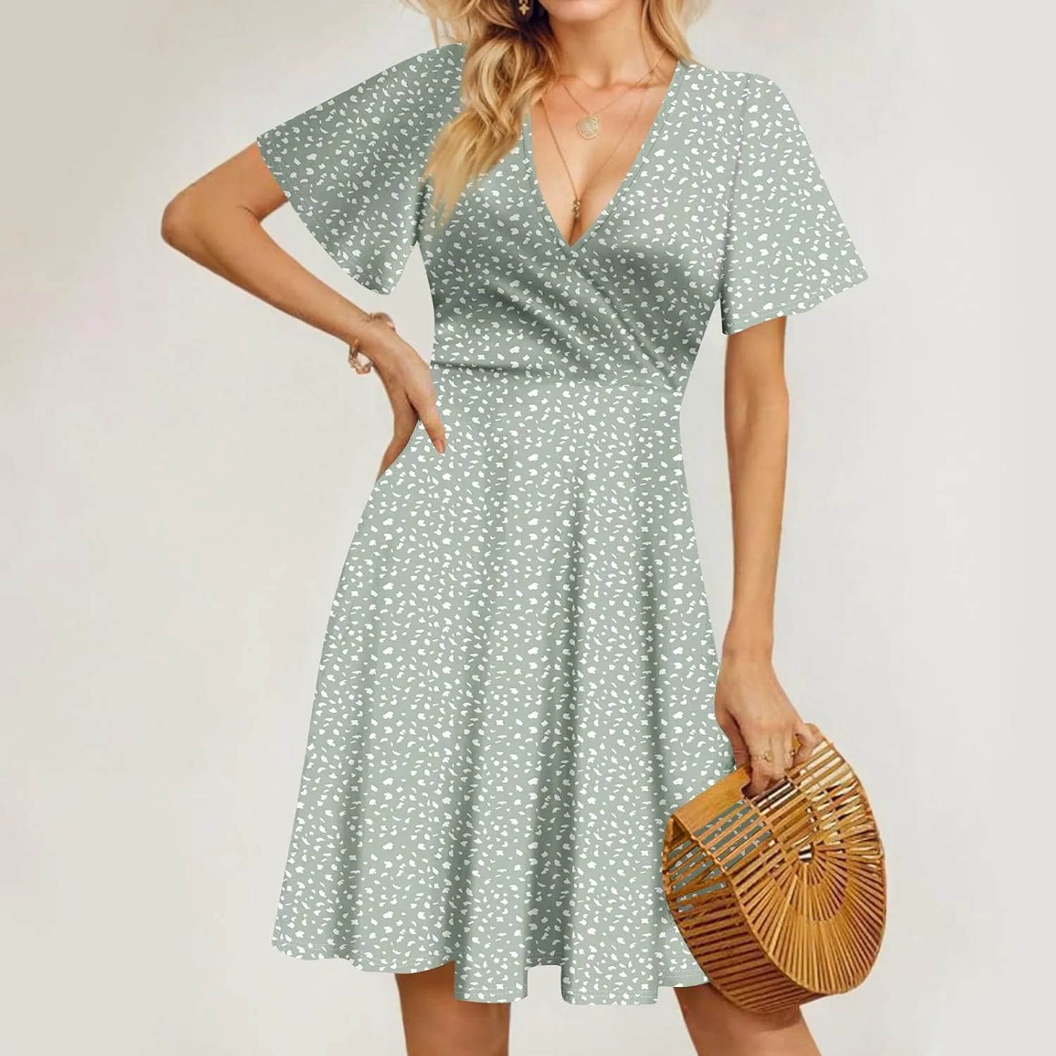 Boho Floral Dress for Women Summer 2025 Wrap Dresses for Women Short Sleeve Sexy V Neck A-Line Vacation Beach Sundress