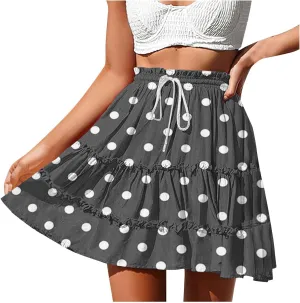 Boho Skirts for Women Summer Casual Elastic High Waist Drawstring Polka Dots Tie-up Flowy Short Mini Skirt