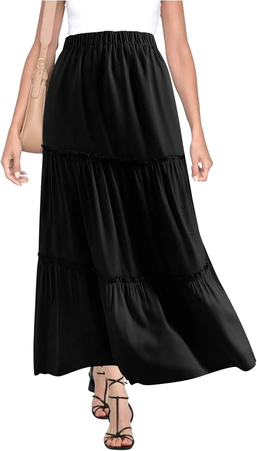 BOMAROLAN Women's Boho Maxi Skirts Summer A Line Long Skirts Ruffle Swing Beach Skirts for Women