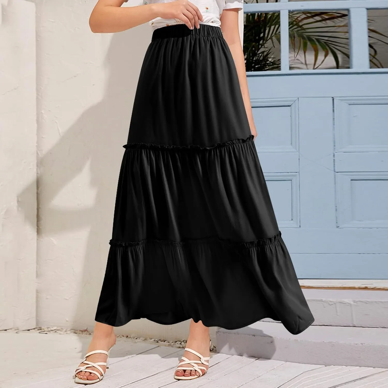 BOMAROLAN Women's Boho Maxi Skirts Summer A Line Long Skirts Ruffle Swing Beach Skirts for Women