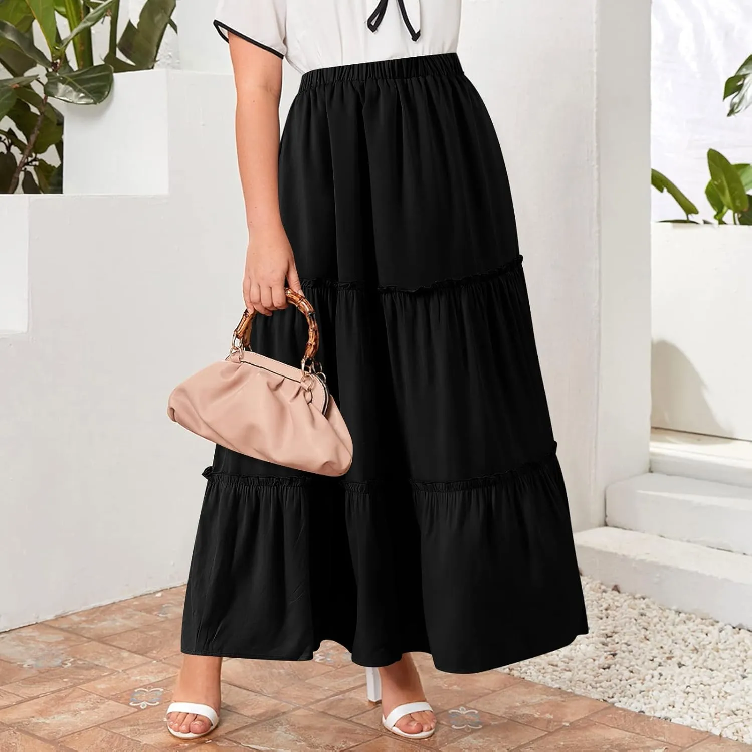 BOMAROLAN Women's Boho Maxi Skirts Summer A Line Long Skirts Ruffle Swing Beach Skirts for Women