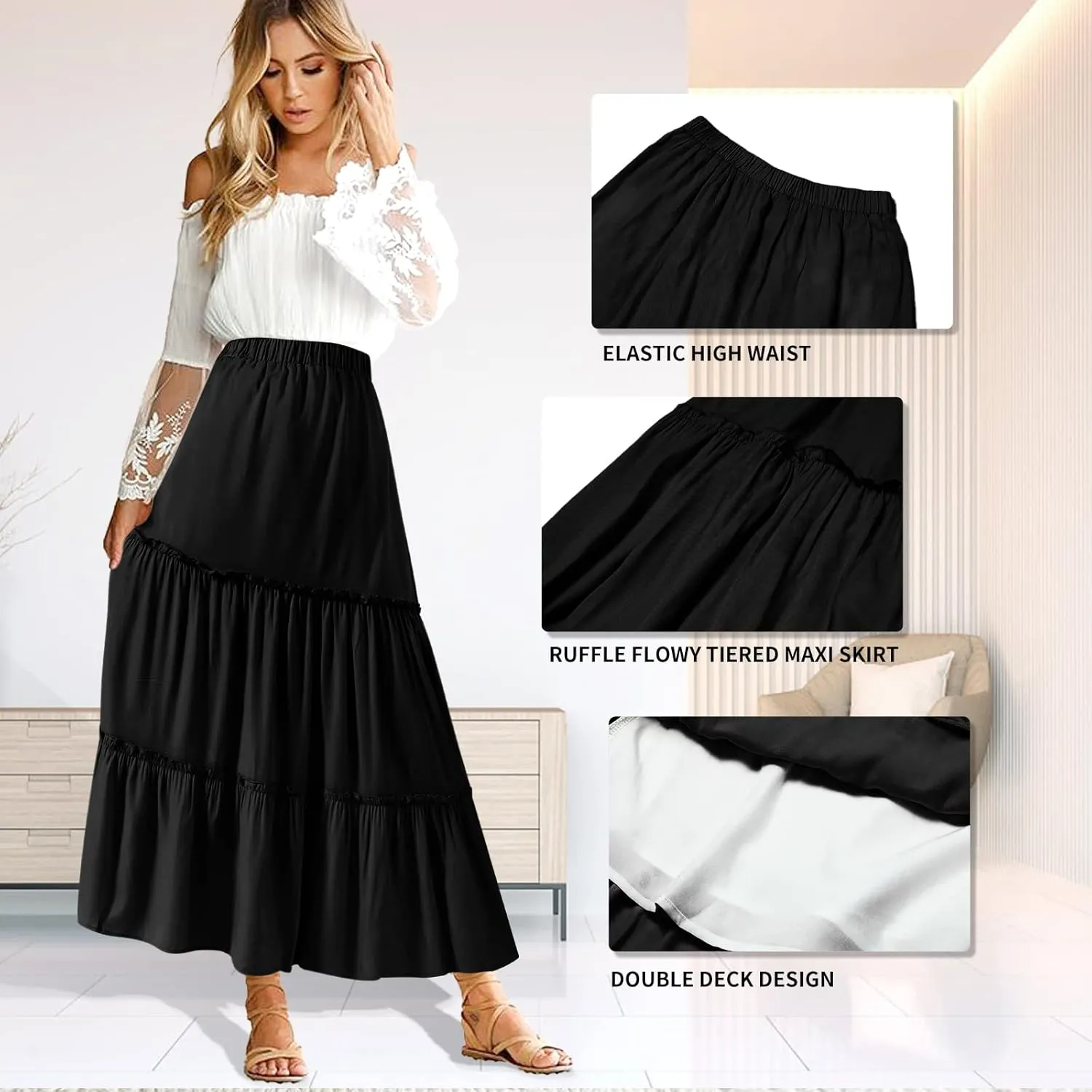 BOMAROLAN Women's Boho Maxi Skirts Summer A Line Long Skirts Ruffle Swing Beach Skirts for Women