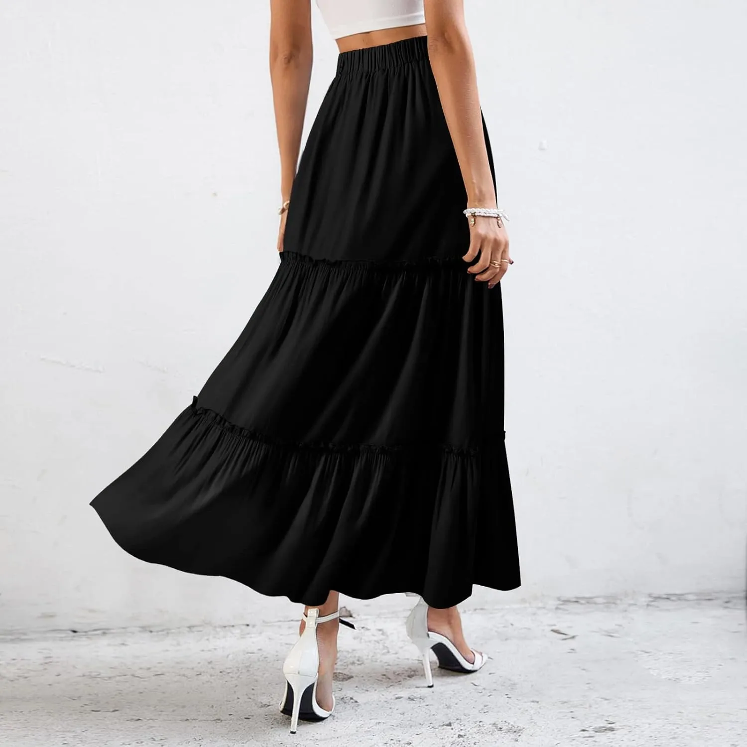BOMAROLAN Women's Boho Maxi Skirts Summer A Line Long Skirts Ruffle Swing Beach Skirts for Women