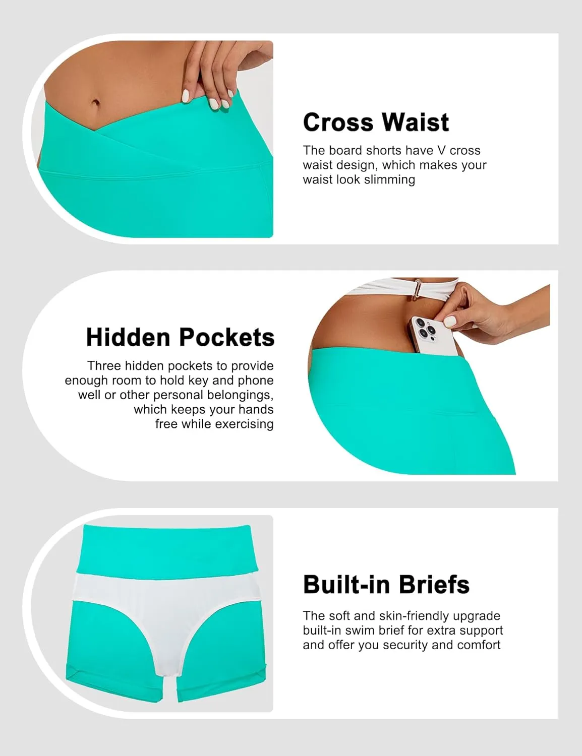Bonneuitbebe Women's 4" Swim Shorts Cross Waist Bathing Suit Bottoms Board Shorts Swimsuit Boy Shorts with Built-in Briefs