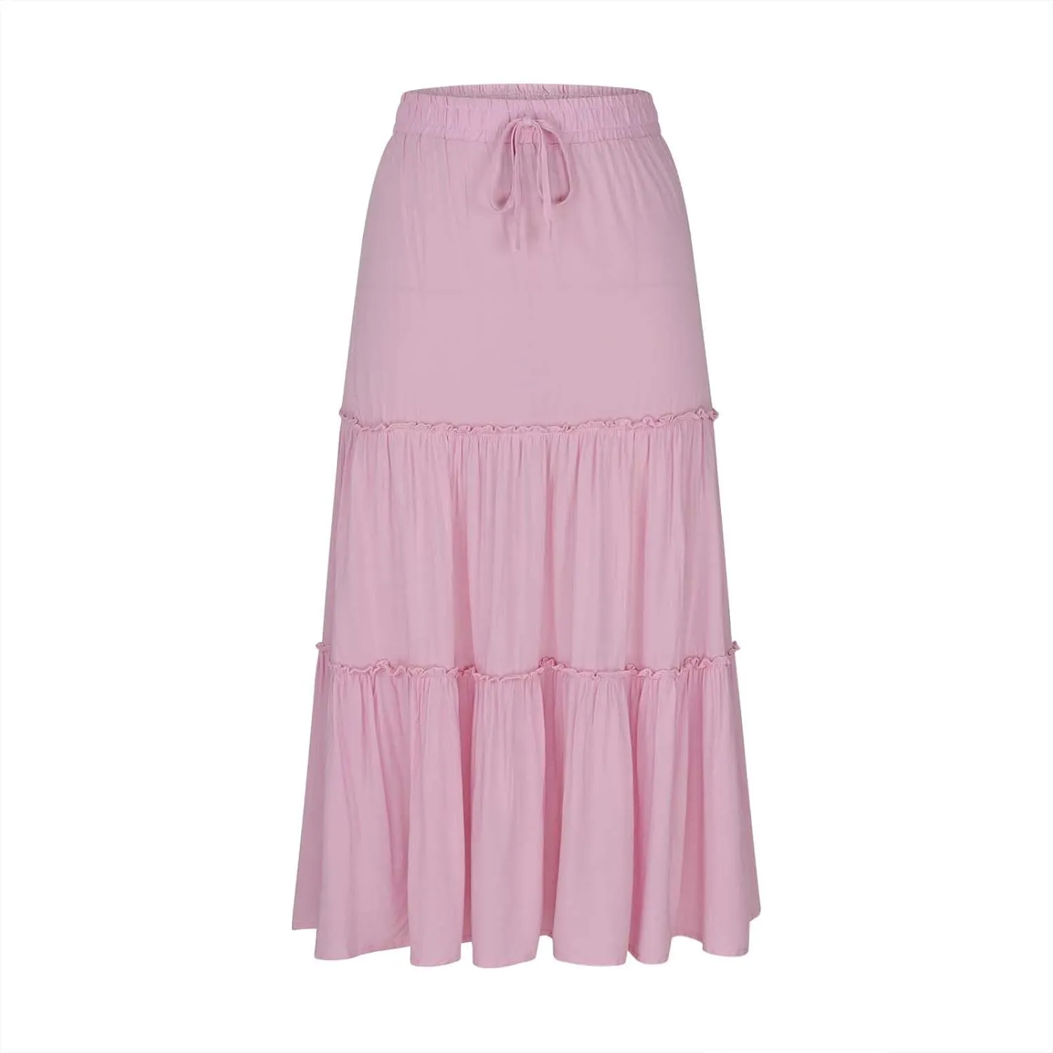 Borniu Women's Summer Boho Drawstring Solid Maxi Skirt A-Line Flowy Ruffle Tiered Elastic High Waist Beach Long Skirts
