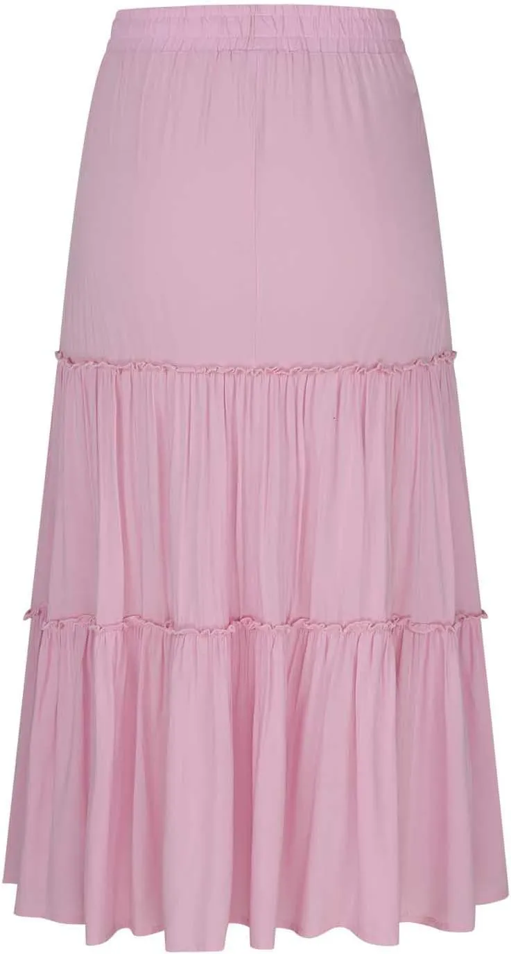 Borniu Women's Summer Boho Drawstring Solid Maxi Skirt A-Line Flowy Ruffle Tiered Elastic High Waist Beach Long Skirts