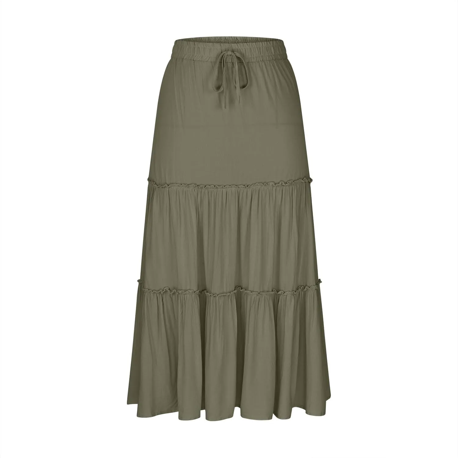 Borniu Women's Summer Boho Drawstring Solid Maxi Skirt A-Line Flowy Ruffle Tiered Elastic High Waist Beach Long Skirts