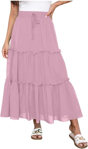 Borniu Women's Summer Boho Drawstring Solid Maxi Skirt A-Line Flowy Ruffle Tiered Elastic High Waist Beach Long Skirts