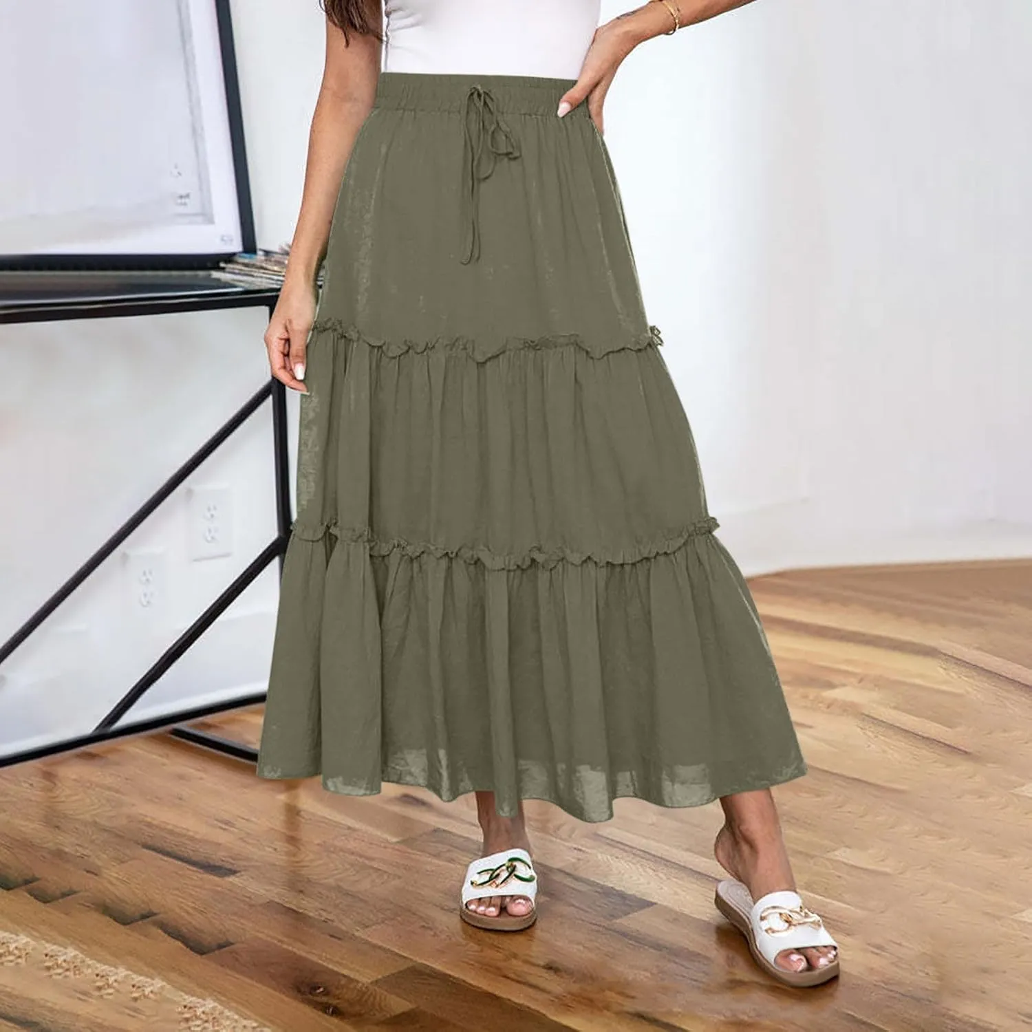Borniu Women's Summer Boho Drawstring Solid Maxi Skirt A-Line Flowy Ruffle Tiered Elastic High Waist Beach Long Skirts