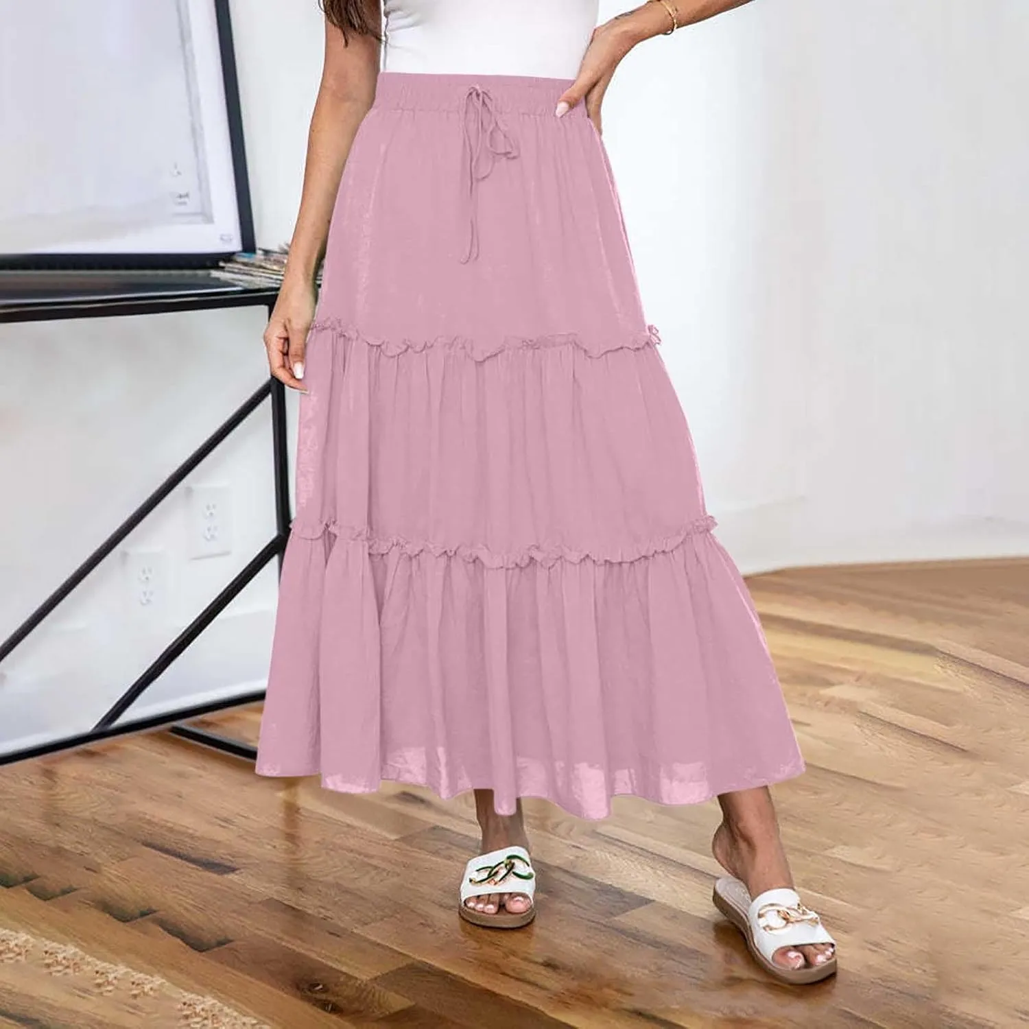 Borniu Women's Summer Boho Drawstring Solid Maxi Skirt A-Line Flowy Ruffle Tiered Elastic High Waist Beach Long Skirts