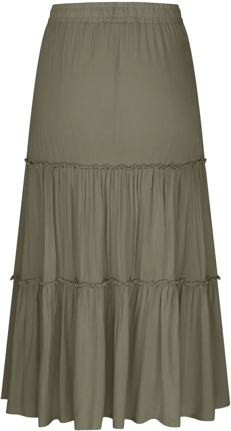 Borniu Women's Summer Boho Drawstring Solid Maxi Skirt A-Line Flowy Ruffle Tiered Elastic High Waist Beach Long Skirts