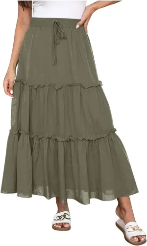 Borniu Women's Summer Boho Drawstring Solid Maxi Skirt A-Line Flowy Ruffle Tiered Elastic High Waist Beach Long Skirts